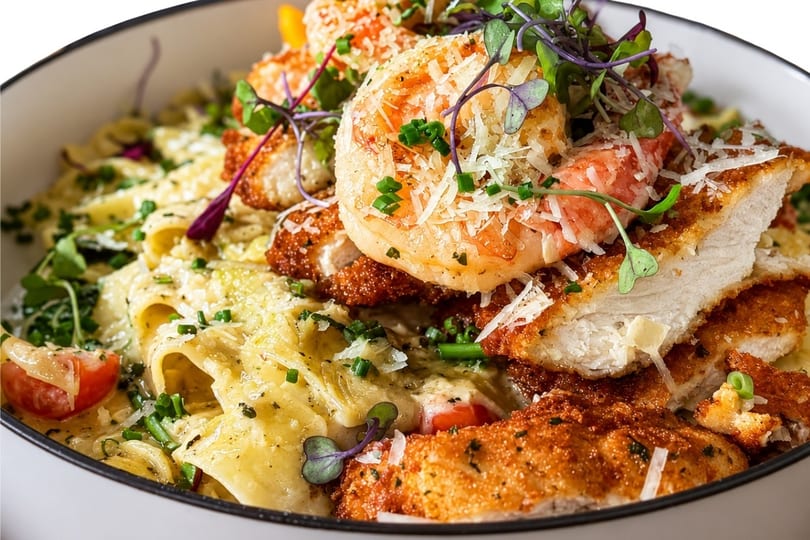 Creamy pasta dish with fried chicken, shrimp, cherry tomatoes, and fresh herbs in a white bowl.