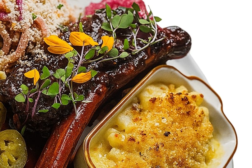 Close-up of glazed ribs with mac and cheese, garnished with microgreens and yellow flowers.