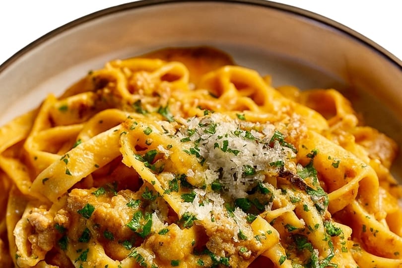 Close-up of tagliatelle pasta with a creamy sauce, ground meat, fresh parsley, and grated cheese.