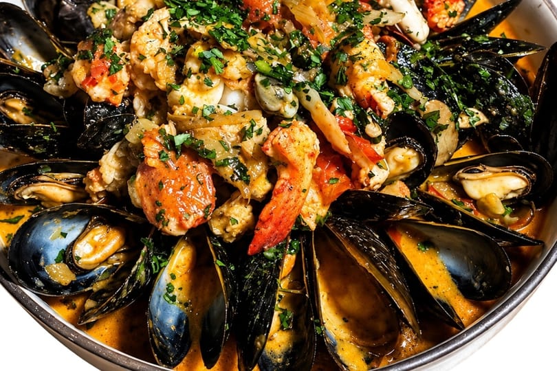 Close-up of mussels and seafood in a rich orange sauce, garnished with fresh parsley.