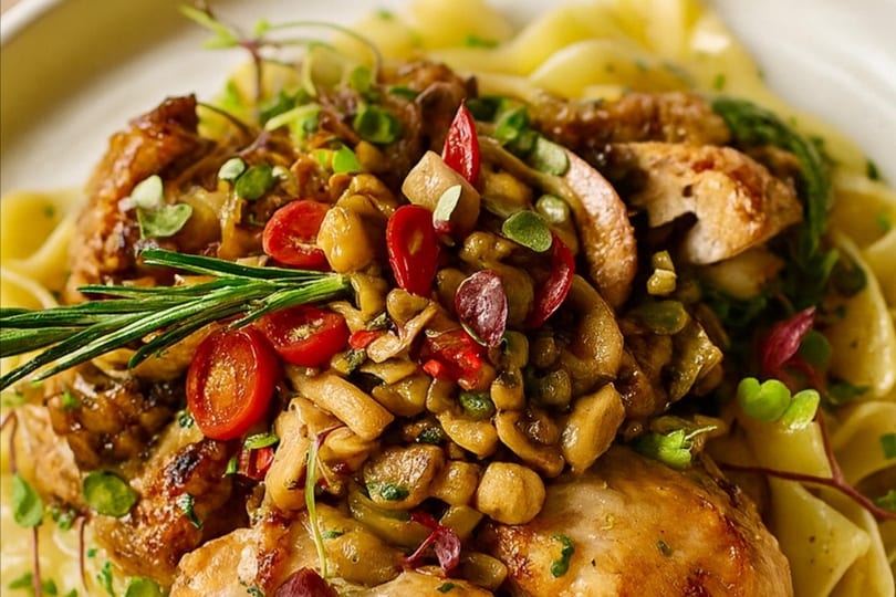 Close-up of pasta with chicken, mushrooms, cherry tomatoes, and rosemary on a white plate.