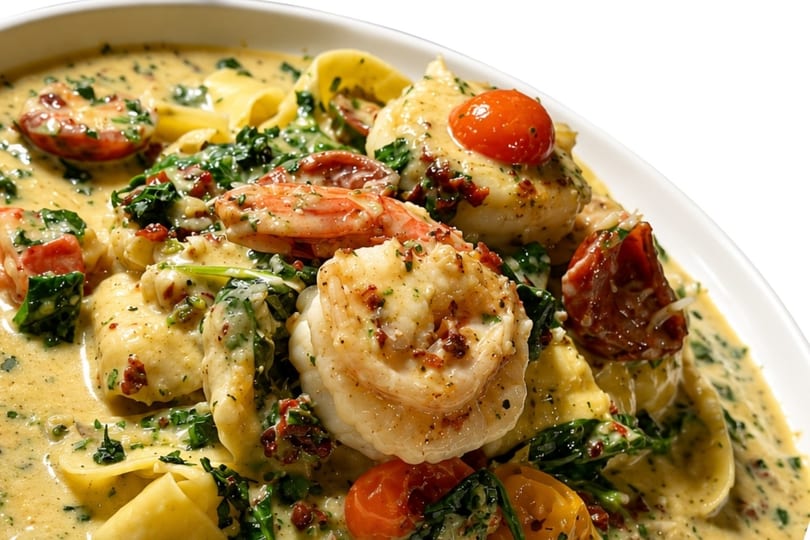 Creamy pasta dish with shrimp, cherry tomatoes, and spinach in a white bowl.