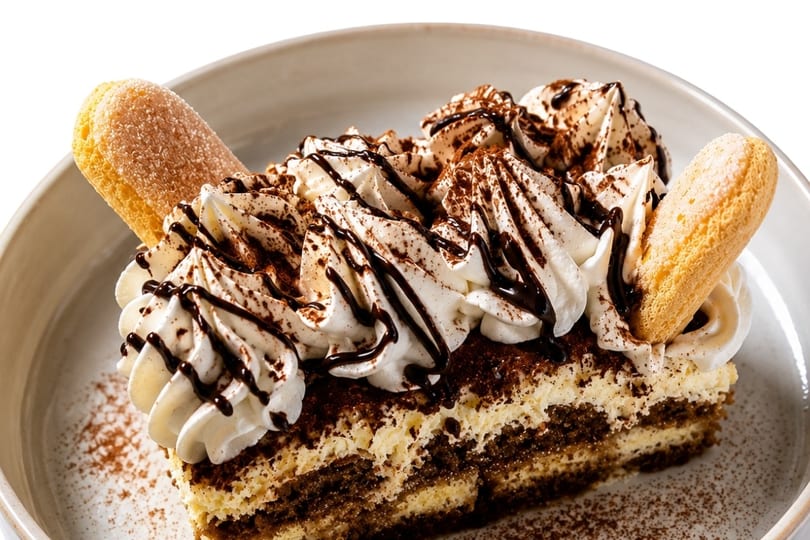 A slice of tiramisu with whipped cream, chocolate drizzle, cocoa powder, and ladyfingers.
