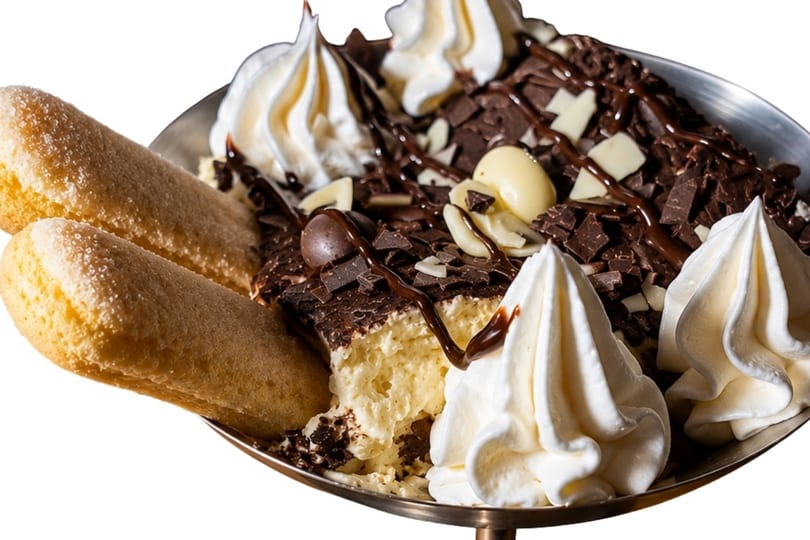 Tiramisu dessert with ladyfingers, whipped cream, chocolate shavings, and chocolate drizzle in a bowl.