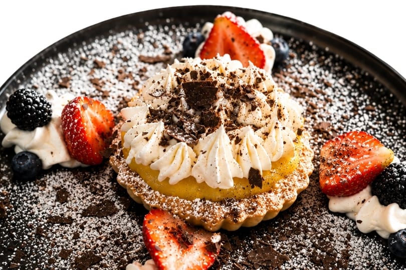 A lemon tart with whipped cream, chocolate shavings, and fresh berries on a dark plate.